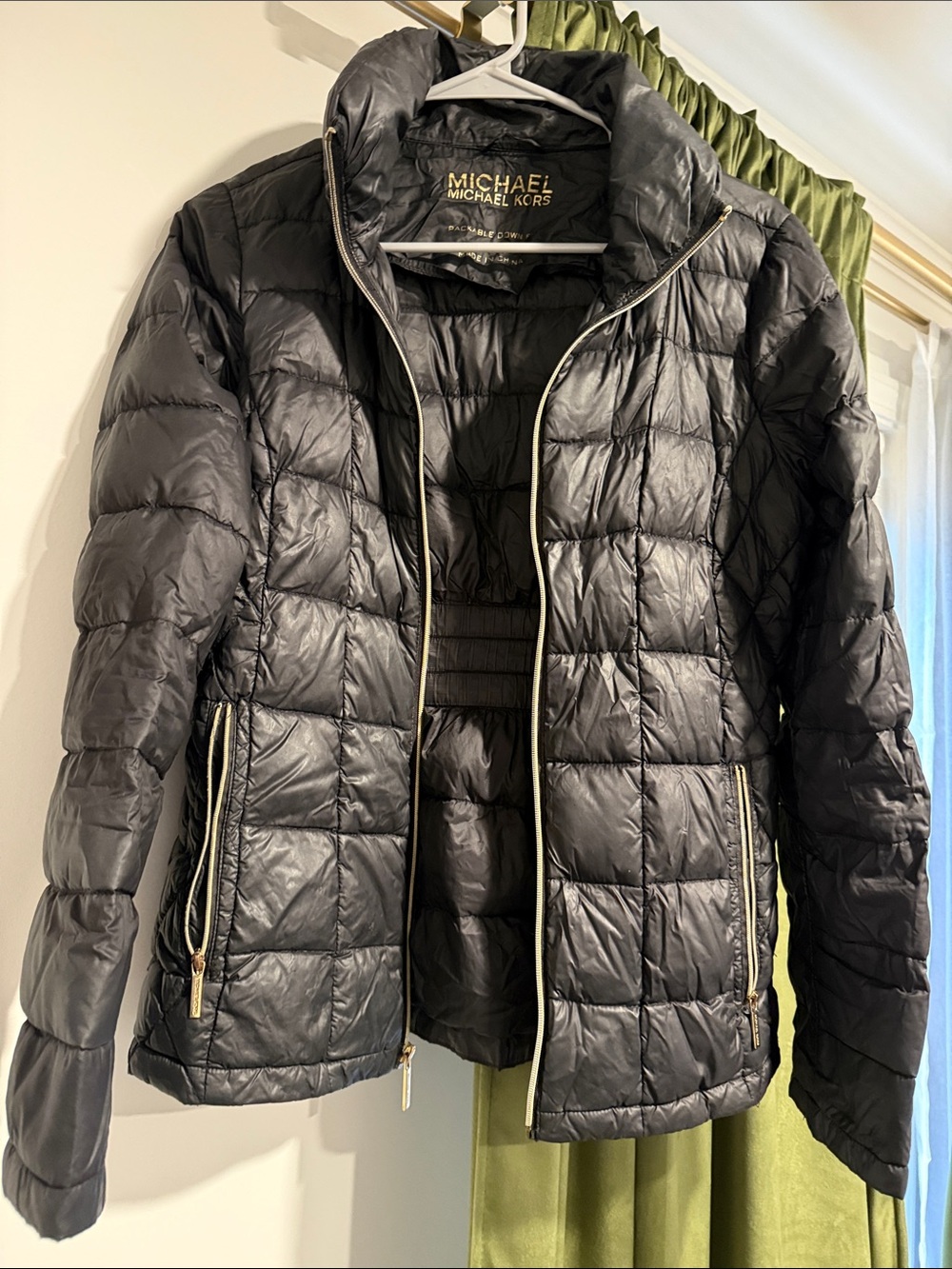 Michael Kors Black Quilted Puffer Jacket with Gold Trim